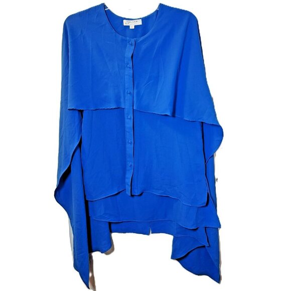 Prabal Gurung Blue Asymmetrical Button Down Blouse Size 8 Draped Sleeve Designer - Picture 3 of 15